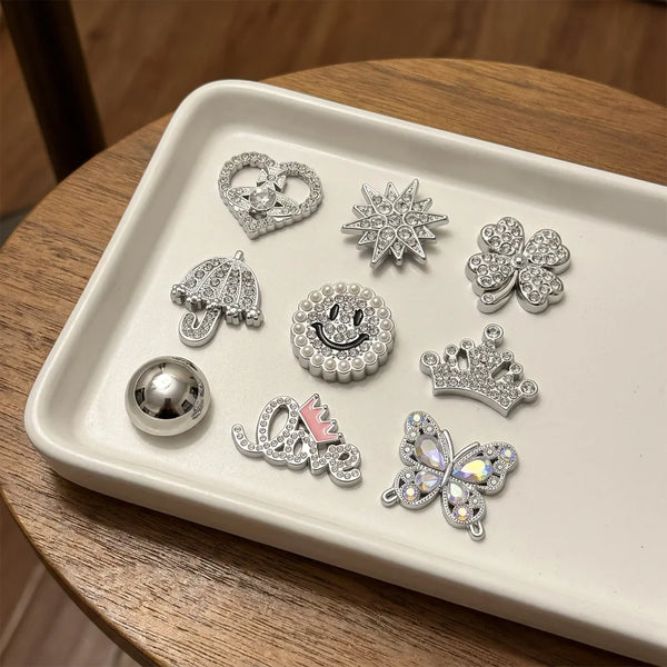 Luxury Silver Bling Shoe Charms Set - 12Pcs Rhinestone & Pearl DIY Jewelry for Clogs