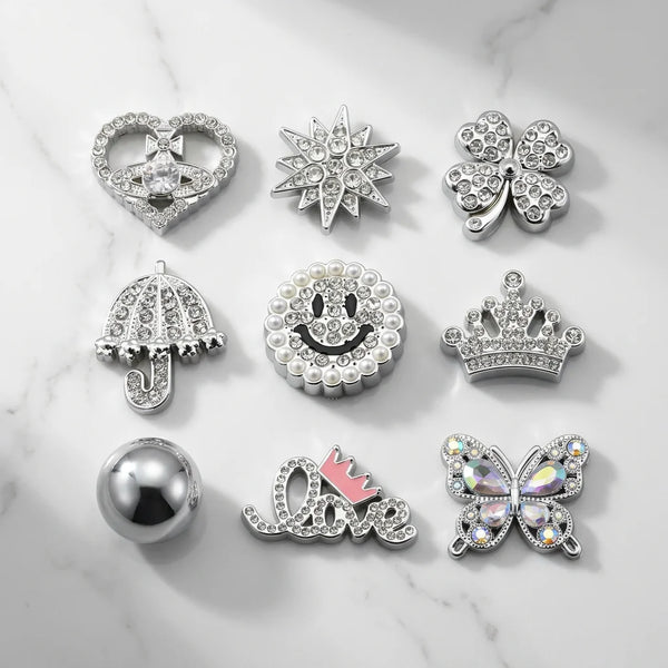 Luxury Silver Bling Shoe Charms Set - 12Pcs Rhinestone & Pearl DIY Jewelry for Clogs