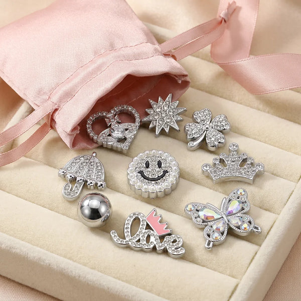 Luxury Silver Bling Shoe Charms Set - 12Pcs Rhinestone & Pearl DIY Jewelry for Clogs